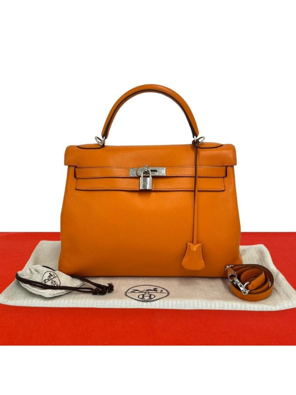 Hermes Kelly 35 Chevre Leather 2-Way Shoulder Bag Orange